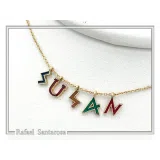 Personalized "Susan" Name Necklace: Multicolored Enamel on Greek Font Letter Silver 18K Gold Filled