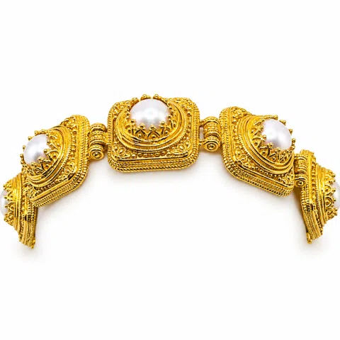 Freshwater Pearl Ancient Greek Way Filigree Beaded Bracelet: Sterling Silver 18K Gold Filled