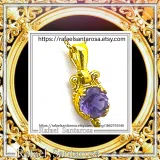 Natural Amethyst Byzantine Delicate Charm Necklace: Filigree Sterling Silver Bezel 18K Gold-Filled