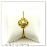 Byzantine Cross Pearl Filigree Bangle Bracelet: 18K Gold Filled Sterling Silver