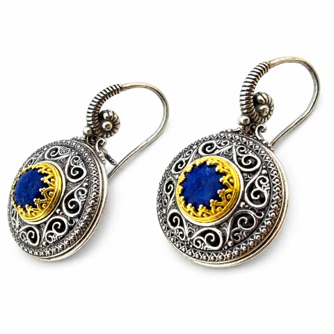 Lapis Lazuli Earrings Byzantine Ornaments Decorated with Filigree Bezel: Oxidized and Gold-Filled Sterling Silver