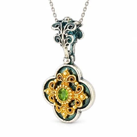 Byzantine Filigree Natural Green Peridot Necklace: Handmade Sterling Silver Oxidized and 18K Gold Filled