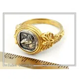 Tetradrachm Athena Owl Replica Greek Coin Ring, Antefix Filigree decoration: Sterling Silver oxidized & Gold-Filled