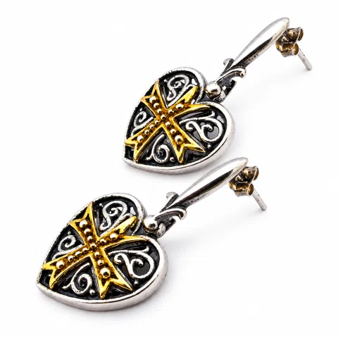 Maltese Knights Cross Holy Heart Earrings: Oxidized Sterling Silver and Gold-Filled
