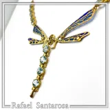 Art Nouveau Dragonfly Necklace Sterling Silver Gold Filled Blue Enamel Sky Blue Topaz