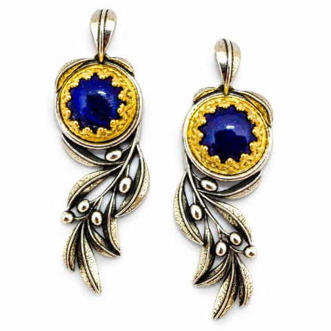 Natural Lapis Lazuli Olive Branch Earrings: Oxidized Sterling Silver, 18K Gold Filled Filigree Bezel