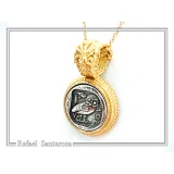 Athena Owl Tetradrachm Coin Antefix Pendant: Sterling Silver oxidised on 18K Gold-Filled Filigree Base