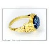 Athena Greek Goddess Head Coin Ring with Antefix Ornaments: Blue Enamel, 18K Gold-Filled Silver
