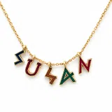 Personalized "Susan" Name Necklace: Multicolored Enamel on Greek Font Letter Silver 18K Gold Filled