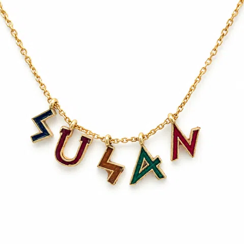 Personalized "Susan" Name Necklace: Multicolored Enamel on Greek Font Letter Silver 18K Gold Filled