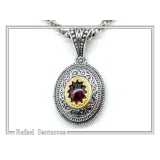 Natural Red Garnet Byzantine Filigree Pendant: Oxidized and 18k Gold Filled Sterling Silver
