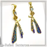 Art Nouveau Dragonfly feather Sterling Silver Earrings Gold Filled Blue Enamel Sky Blue Topaz Handmade Jewelry