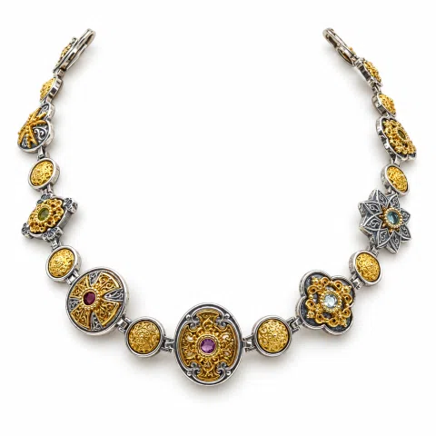 Handmade Byzantine Necklace Sterling Silver Oxidized 18K Gold Filled Topaz Amethyst Peridot Garnet Jewelry