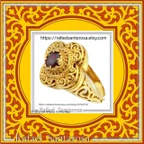 Genuine Gemstone Statement Byzantine Cross Ring: 18k Solid Gold Handmade Filigree Religious Handmade Jewelry