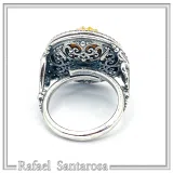 Oxidised sterling silver ring with 18k gold filled bezel and natural pearl center stone.