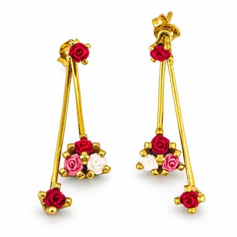Red Rose Dangle Earrings: 18K Gold Filled Sterling Silver Floral Bouquet