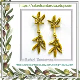18K Solid Gold Olive Branch Dangle Earrings: Greek Nature Floral Jewelry Peace Symbol