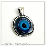 Evil Eye Spiral Talisman Necklace: Sky Blue Transparent Enamel on Oxidised Sterling Silver
