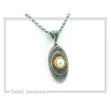 Natural Pearl on Byzantine Ornaments Pendant: Oxidized Sterling Silver and 18 Karat Gold Filled