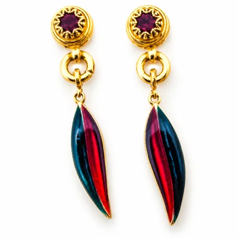 Olive Leaf Floral Dangle & Drop Earrings: Transparent Enamel, Natural Garnet, 18K Gold Filled Silver