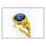 Athena Greek Goddess Head Coin Ring with Antefix Ornaments: Blue Enamel, 18K Gold-Filled Silver