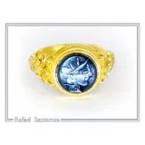Athena Greek Goddess Head Coin Ring with Antefix Ornaments: Blue Enamel, 18K Gold-Filled Silver
