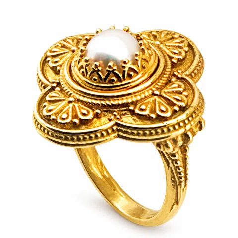 Byzantine Cross Ring: Natural Pearl, Sterling Silver 18K Gold-Filled Filigree