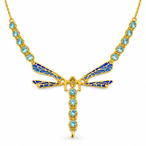 Art Nouveau Dragonfly Necklace Sterling Silver Gold Filled Blue Enamel Sky Blue Topaz