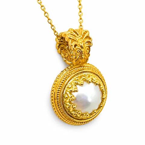 Natural Pearl Necklace: Ancient Greek style Filigree 18K Gold-Filled Pendant