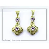 18K Solid Gold Filigree Byzantine Dangle Earrings with Natural Sky-Blue Topaz Brilliant Cut