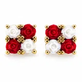 Rose Flowers minimal Stud Earrings: Red and White Alabaster Flowers, Sterling Silver 18K Gold-Filled