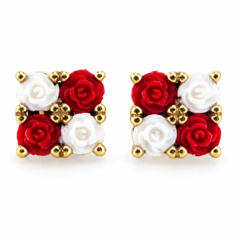 Rose Flowers minimal Stud Earrings: Red and White Alabaster Flowers, Sterling Silver 18K Gold-Filled