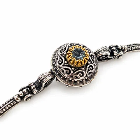 Natural Sky-Blue Topaz Byzantine Bracelet: Oxidised Sterling Silver with 18K Gold Filled Filigree Bezel