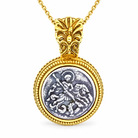 St. George Killing Dragon Jesus Christ Talisman Pendant: Oxidized and 18K Gold Filled Silver