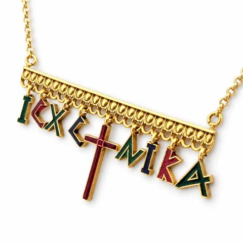 IC XC NIKA Dangle Necklace: Handmade Silver Gold Filled and enamel Christogram Talisman