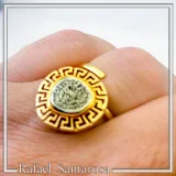 Greek Calendar Phaistos Disc on Greek Key Ring: Oxidized Sterling Silver, 18K Gold Filled