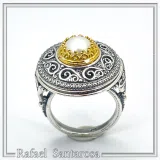 Oxidised sterling silver ring with 18k gold filled bezel and natural pearl center stone.
