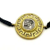 Owl Coin Tetradrachm with Greek Key Macrame Bracelet, 18K Gold Filled & Oxidized Sterling Silver