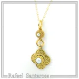 Natural Pearl Byzantine Cross Shape Dangle Pendant: 18K Gold-Filled Silver Filigree Greek Necklace