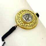 Owl Coin Tetradrachm with Greek Key Macrame Bracelet, 18K Gold Filled & Oxidized Sterling Silver