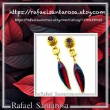 Olive Leaf Floral Dangle & Drop Earrings: Transparent Enamel, Natural Garnet, 18K Gold Filled Silver