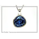 Athena's Owl Symbol of Wisdom Coin Pendant: Blue Enamel, Oxidized Sterling Silver