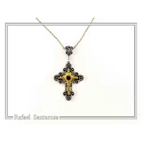 African Genuine Amethyst Byzantine Cross Necklace: Oxidized Sterling Silver & 18K Gold Filled