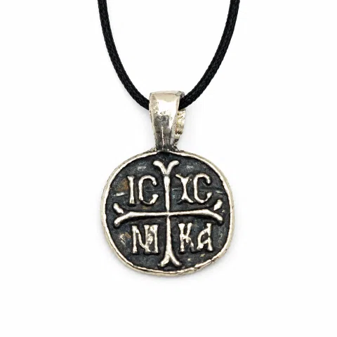 Extra Tiny Protection cross coin Jesus Christ Wins icxc nika necklace Talisman sterling silver.