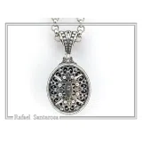 Natural Red Garnet Byzantine Filigree Pendant: Oxidized and 18k Gold Filled Sterling Silver
