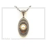 Natural Pearl on Byzantine Ornaments Pendant: Oxidized Sterling Silver and 18 Karat Gold Filled