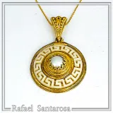 Greek Key Maiandros Sculptured on Marble Necklace: Sterling Silver 18K Gold Filled, Natural Pearl