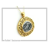 Athena Owl Coin Greek Key Pendant, Museum Jewelry: Oxidized & 18K Gold Filled Sterling Silver