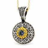 Genuine Sky-Blue Topaz Byzantine Filigree Necklace: Oxidized and 18K Gold Filled Sterling Silver