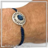 Sterling Silver Athena Promachos Bracelet Greek Key Tetradrachm Sky Blue Enamel Macrame Cord Viscose